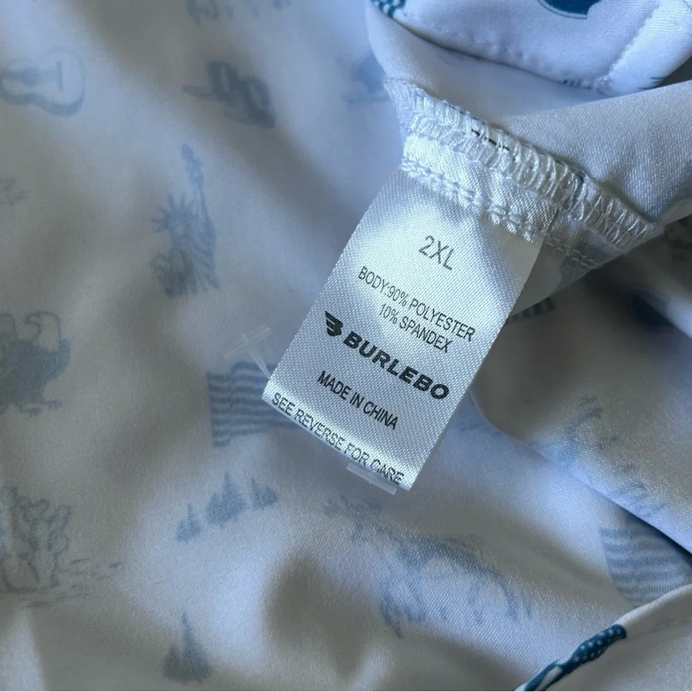 Burlebo Shirt Men’s 2XL White Blue Button Up Stretch American All Over Print - Picture 7 of 9